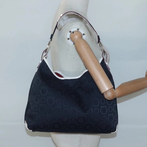 Salvatore Ferragamo Gancini Shoulder Bag Canvas Navy Silver Auth - Picture 1 of 16